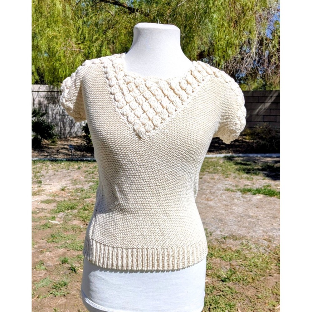 VTG Jennifer Reed 1980s Petite Med Hand Knit Cotton Beige Sweater Top Shirt NOS